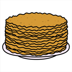 Bliny on a plate in hand drawn style. Food for Maslenitsa (Shrovetide). Stack of pancakes on a white background. EPS 10.