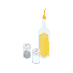 Olive oil, oli, salt, pepper, - Isometric vector illustration in flat design. 