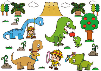 恐竜,子供,ティラノザウルス,ブラキオサウルス,トリケラトプス,首長竜,肉食恐竜,草食恐竜 - obrazy, fototapety, plakaty