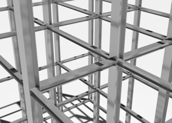 steel structure of iron beams, site under construction metal structure, new building, energy efficiency and building renovation concept, 3D illustration, 3D rendering