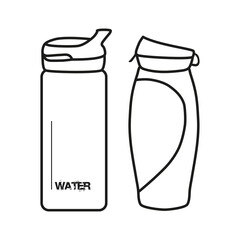 Sports fitness drink in bottle. Sports water bottles for beverage water or protein cocktails. Drinks for fitness. Linear vector illustration on white background. Doodle.