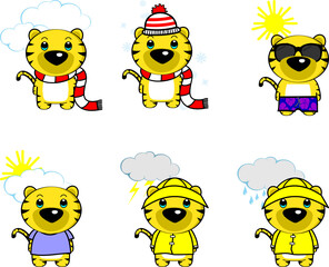 cute tiger character cartoon weather icons illustration in vector format