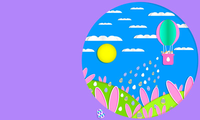 Rabbit ears peeking out from behind a hill. Balloon flying over the hills with eggs in the basket. Eggs falling down from basket. Easter card, flyer, banner in paper cut style. Blue, pink, purple