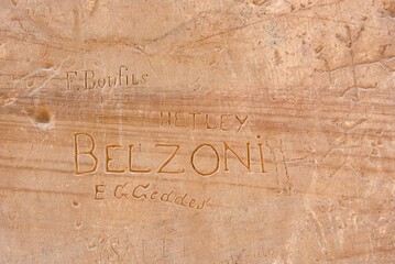 Luxor, Egypt;010222.Giovanni Battista Belzoni, was a prolific Italian explorer and pioneer archaeologist of Egyptian antiquities. He carved his name onto many of the temples in Egypt from 1812 -1817 - obrazy, fototapety, plakaty