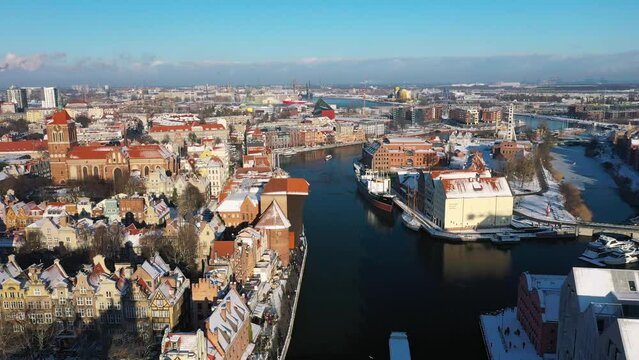 Aerial view of the Main town of Gdansk at snowy winter, Poland