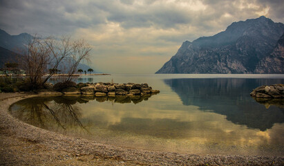 A moody winter day at the north shore of Lake Garda near Riva del Garda, Trentino-Alto Adige, north...