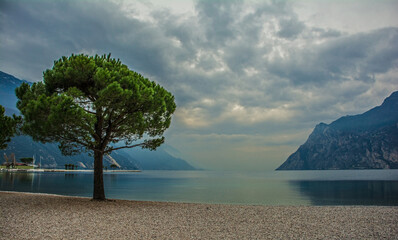A moody winter day at the north shore of Lake Garda near Riva del Garda, Trentino-Alto Adige, north east Italy 