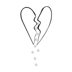  Broken, torn heart with drops of tears or blood. Pain, suffering, tears, love. Two halves of a broken heart. Black lines on a white background. Vector illustration.

