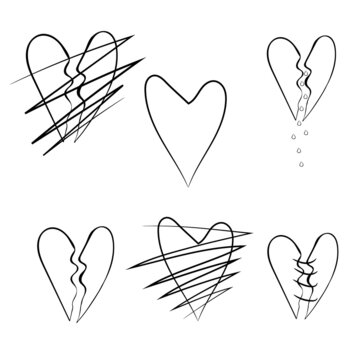 Broken, torn heart. Pain, suffering, tears, love. Two halves of a broken heart. Black lines on a white background. Vector illustration of doodles.