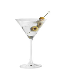 Martini cocktail with olives on white background