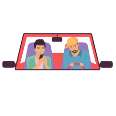 A trip, a trip in a car. Two friends or a gay man. A loving family. Vector flat, white background.