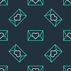 Line Envelope with Valentine heart icon isolated seamless pattern on black background. Message love. Letter love and romance. Vector