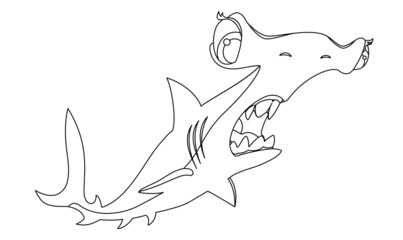 Cartoon scary hammerhead shark in a linear style for children s coloring.Vector illustration