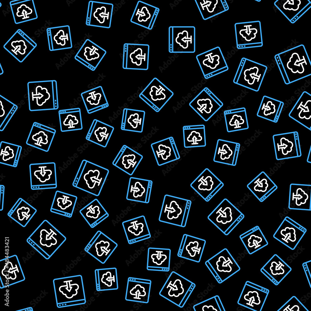 Poster line cloud upload icon isolated seamless pattern on black background. vector