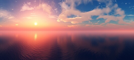Zee zonsondergang panorama, oceaan zonsopgang panorama, zeegezicht, 3D-rendering