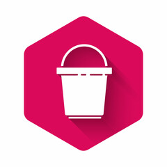 White Bucket icon isolated with long shadow. Cleaning service concept. Pink hexagon button. Vector Illustration