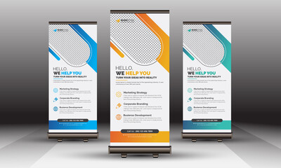 Corporate Roll Up Banner Template Download, Modern Unique Business Standee X Banner Pop Up Design Example with Gradient