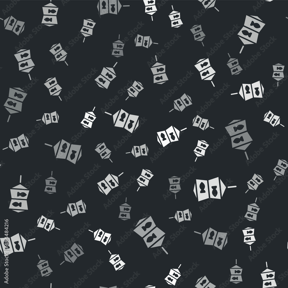 Poster grey fishing net with fish icon isolated seamless pattern on black background. vector