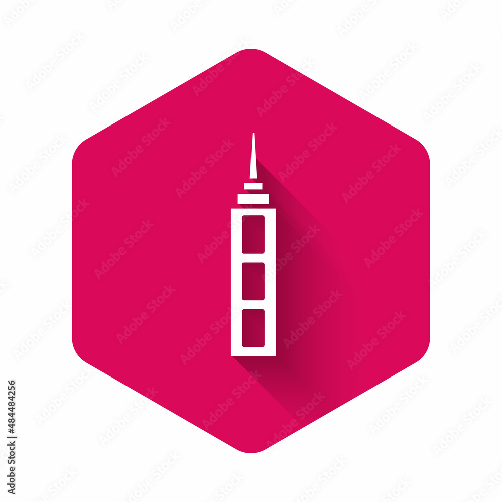 Poster white skyscraper icon isolated with long shadow. metropolis architecture panoramic landscape. pink h