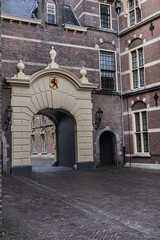 Binnenpoort or Middenpoort (1634), one of four preserved entrance gates to Binnenhof (Inner court) - XIII century complex of buildings, seat of Dutch parliament. Den Haag (The Hague), The Netherlands.