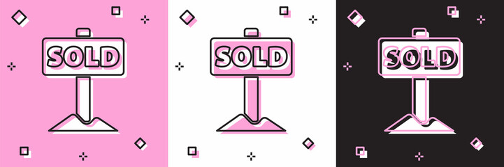 Set Hanging sign with text Sold icon isolated on pink and white, black background. Sold sticker. Sold signboard. Vector