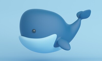 Cute little whale on a blue background. 3d rendering