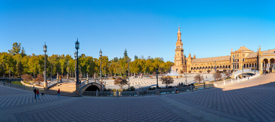Fototapeta na wymiar Panoramic wide angle view of the Plaza de Espana, or Spanish Square, in Seville, Spain 