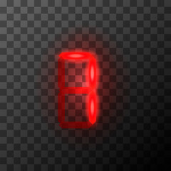 Bright red led vintage digital seven number, retro tehnic 7 letter on transparent background