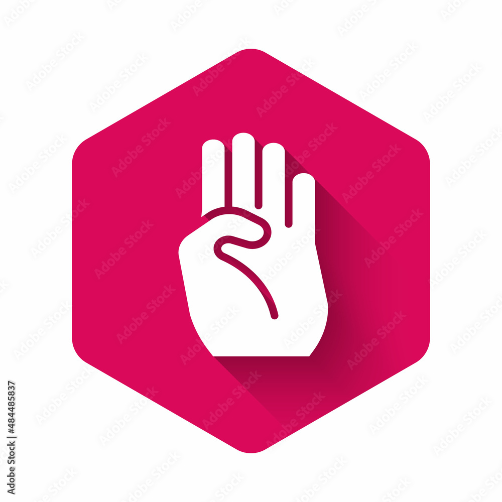 Poster white indian symbol hand icon isolated with long shadow. pink hexagon button. vector