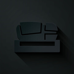 Paper cut Stadium Mestalla icon isolated on black background. Football stadium in Valencia, Spain. Paper art style. Vector