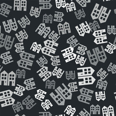 Grey House icon isolated seamless pattern on black background. Home symbol. Vector