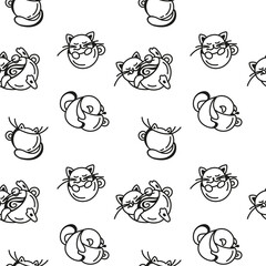 Playful cat with a cup. Linear illustration.  Seamless pattern for fabric, wrapping, textile, wallpaper, apparel. Vector
