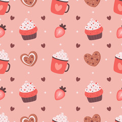 Valentines day seamless pattern. Coffee with cookies and cupcakes. Romantic, love, Valentines Day sweets. Hand drawn vector illustration