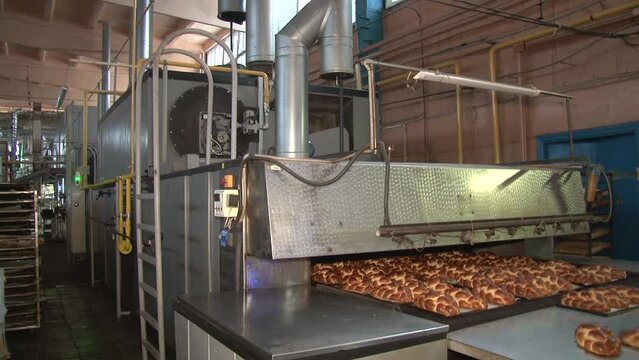 The oven in the bakery. Hot fresh bread leaves the industrial oven in a bakery. Automatic bread production line