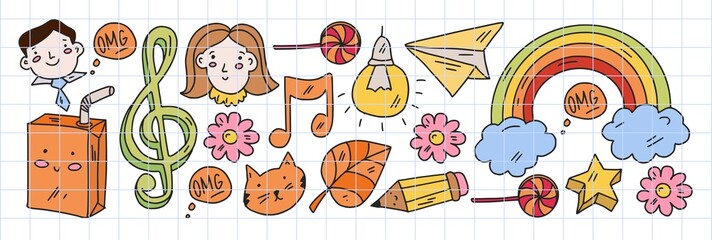 Creativity and imagination. Vector icons with school items.