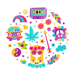 Hippie Bohemian Sticker Element Arranged in Circle Vector Template
