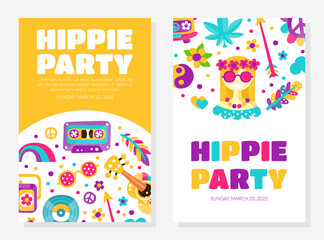 Hippie Bohemian Poster or Card Design with Sticker Element Vector Template