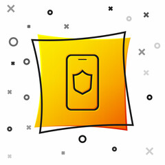 Black Smartphone, mobile phone with security shield icon isolated on white background. Security, safety, protection concept. Yellow square button. Vector