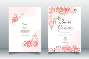 Fototapeta na wymiar Elegant wedding invitation card template with beautiful floral leaves Premium Vector