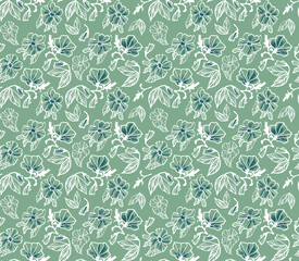 Floral seamless pattern, textile print, flower print, allover print, floral background. Mint, petrol blue, white and green colors