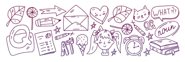 Creativity and imagination. Vector icons with school items.