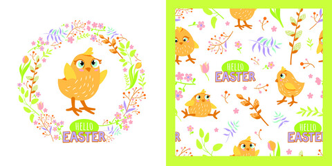 Fototapeta na wymiar Cute yellow chick in a wreath of flowers. Easter colorful illustration and seamless pattern with Hello easter text. Vector cartoon
