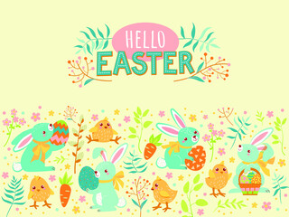 cute rabbits hold Easter eggs, chickens, carrots and various spring plants in their paws. Hello easter inscription.