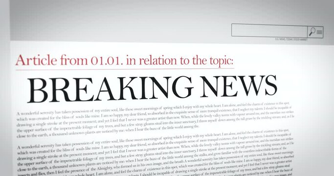 Slow pan over Breaking News Paper across international media. Headline text change articles keywords.