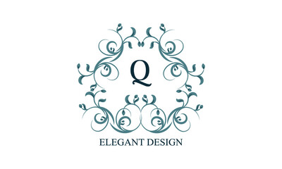 Vintage elegant logo with initials Q on a light background. Exclusive monogram for restaurants, clubs, boutiques, cafes, hotel cards. Business style and brand of the company.