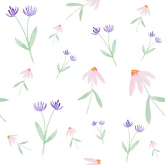 Fototapeta na wymiar watercolor seamless pattern with dried flowers. Background of chamomile, cornflower, tulips. Wildflowers. Natural style. For decor and design. For printing on paper, packaging, fabric.