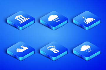 Set Cloud with snow and rain, Bank building, Blender, Cargo ship, and Covered tray of food icon. Vector