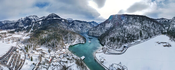 Fototapeta premium Bavarian Winter Panorama view through Berchtesgaden Königssee landscape