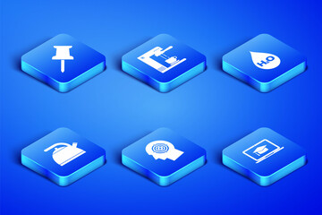 Set Graduation cap on laptop, Push pin, Head hunting concept, Kettle with handle, Coffee machine cup and Water drop H2O icon. Vector