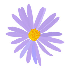 Purple aster flower icon isolated on white background. Gouache sticker of flower with yellow center 